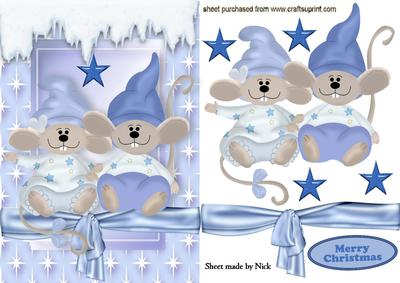 A Couple of Christmas Sleepy Mice in Blue Star Frame