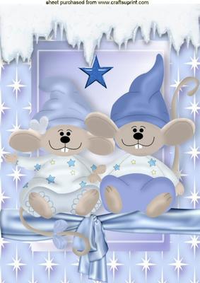 Cute Pair of Sleepy Christmas Mice in Blue Star Frame A4