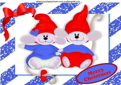 Cute Pair of Mice with Santa Hats on in Blue Frame A4
