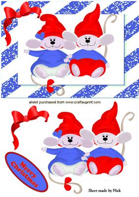 Cute Pair of Mice with Santa Hats on in Blue Frame A5