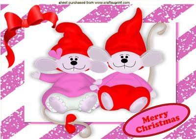 Cute Little Mice with Santa Hats on in Pink Frame A4