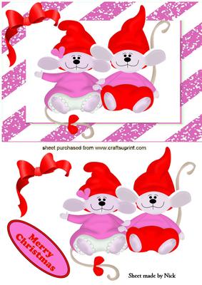 Cute Little Mice with Santa Hats on in Pink Frame A5