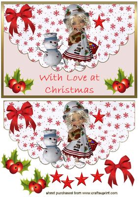 Little Girl with Snowman on Scalloped Envelope