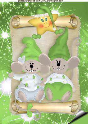 Cute Pair of Mice in Green Santa Hats on a Scroll A4