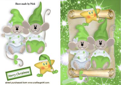 Cute Pair of Mice with Green Santa Hats On, on a Scroll
