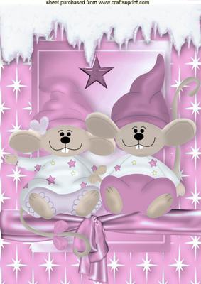 Cute Pair of Mice with Snow in Pink Star Frame A4