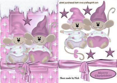 Cute Pair of Mice with Snow in Pink Star Frame A5