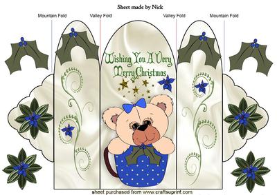 Christmas Teddy in Blue Teacup with Holly Trifold