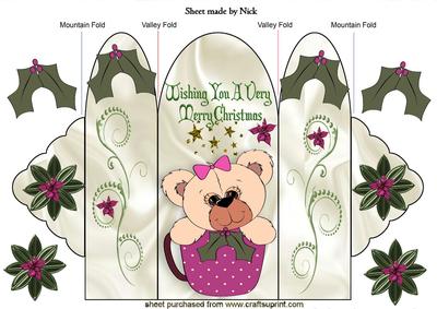 Christmas Bear in Pink Teacup with Holly Trifold