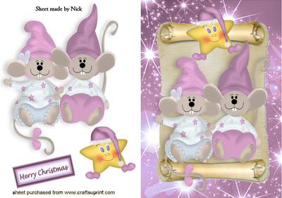 Cute Pair of Mice in Pink Santa Hats on a Scroll A5