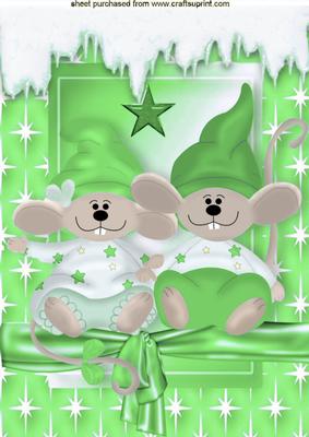 Cute Pair of Mice with Green Santa Hats on A4