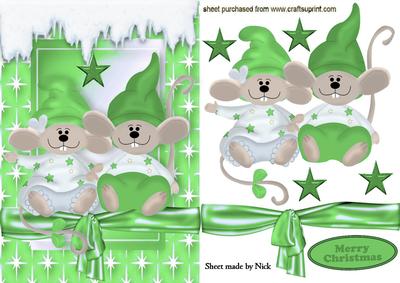 Cute Pair of Mice with Green Santa Hats on A5