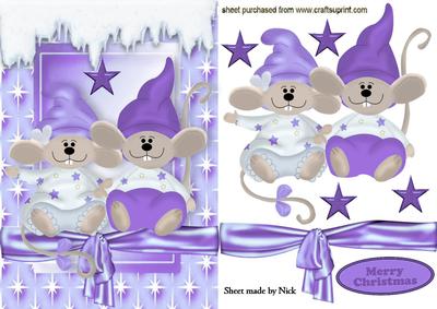 Cute Pair of Mice with Purple Santa Hat on A5