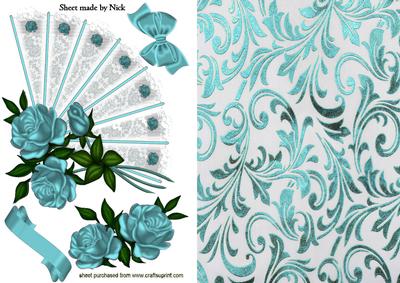 Turq Roses on Lace Fan with Bow