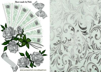 Pretty Silver Roses on Lace Fan with Bow