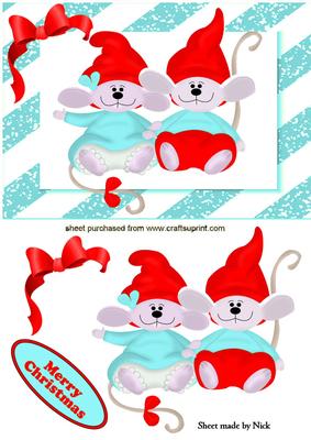 Cute Pair of Mice in Red Santa Hat in Turq Frame A5