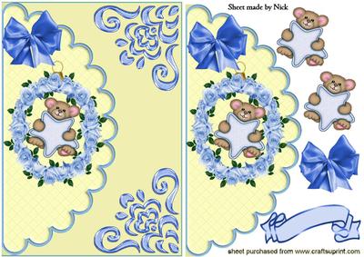 Little Teddy in Circle of Blue Roses