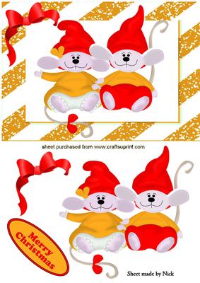 Cute Pair of Mice in Red Santa Hats in Striped Gold Frame