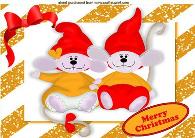 Cute Pair of Mice with Red Santa Hats on in a Gold Frame