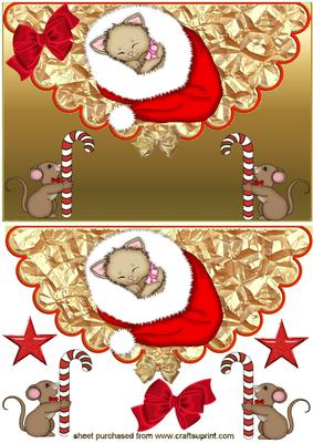 Little Kitty in Santa Hat with Mice.scalloped Envelope