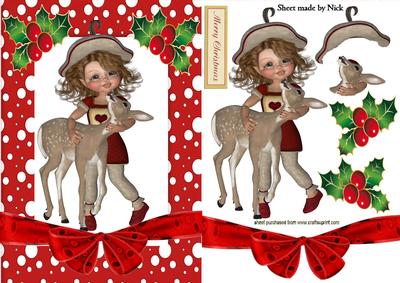 Cute Deer with Little Vintage Girl in Snow Frame