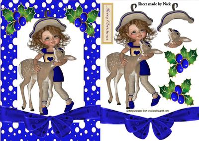 Cute Deer with Little Vintage Girl in Blue Snow Frame