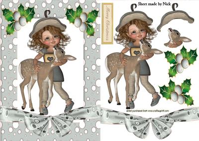 Cute Deer with Vintage Girl in Silver Snow Frame