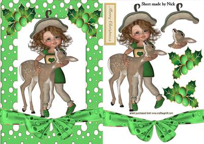 Cute Deer with Little Vintage Girl in Green Frame