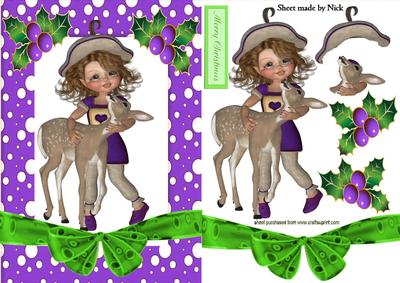 Cute Deer with Little Vintage Girl in Purple Snow Frame