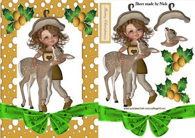 Cute Reindeer with Little Vintage Girl in Gold Snow Frame