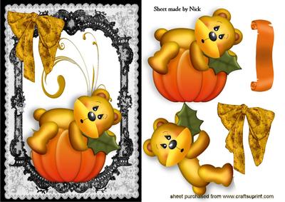 Cute Bear Sleeping on a Pumpkin in Lace Frame