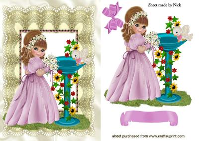Sweet Little Girl with Bird Bath in Lace Frame