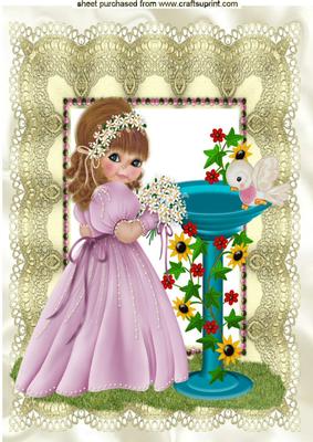 Sweet Little Girl with Bird Bath in Lace Frame A4