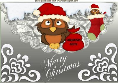 Little Owl with Santa Hats on with Christmas Stocking A4