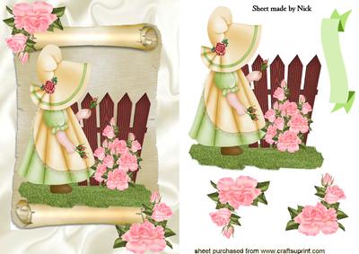 Little Bonnet Girl with Pink Roses on a Scroll