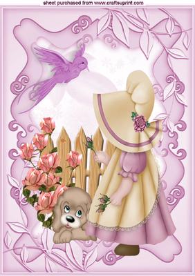 Little Bonnet Girl with Her Puppy and Little Bird A4