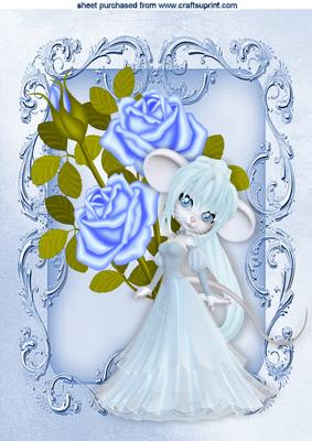 Whimsical Mouse with Blue Roses in Ornate Frame A4