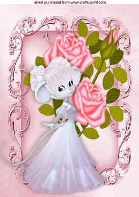 Whimsical Mouse with Pink Roses in Ornate Frame A4