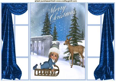 Little Girl on Sledge Snow Scene French Gatefold