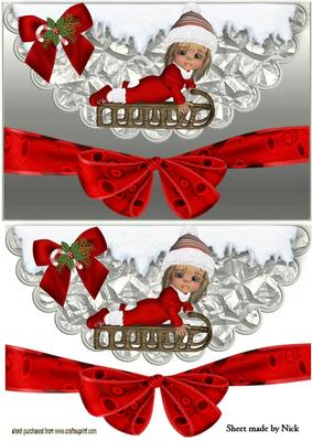 Little Girl in Red Santa Suit on Sledge