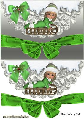 Little Girl in Green Snowsuit on Sledge