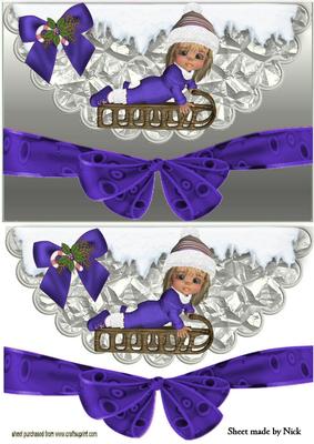 Little Girl in Purple Snowsuit on Sledge