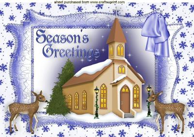 Season's Greeting, Pretty Church Scene with Reindeers A4