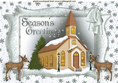Season's Greetings, Church with Reindeers in Silver A4