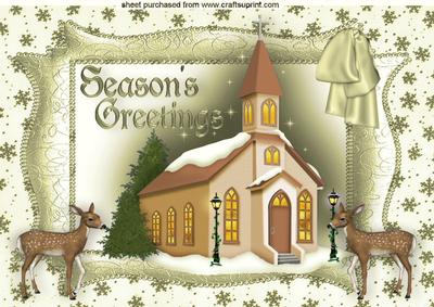 Season's Greetings Pretty Church with Reindeer, Gold A4