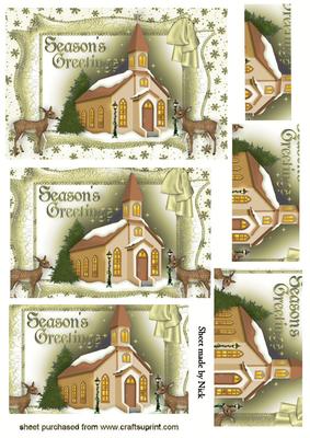 Pretty Church with Reindeers in Gold Pyramids