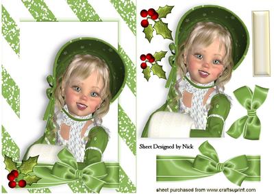 Lovely Girl in Christmas Green Bonnet with Bow