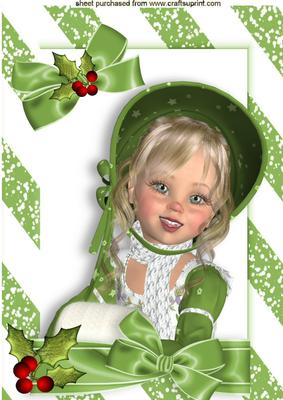 Lovely Girl in Green Bonnet with Bow and Holly A4