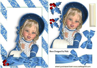 Lovely Girl in Blue Bonnet with Holly and Bow A5