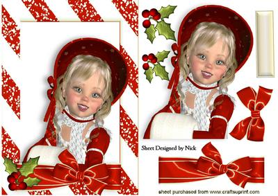 Lovely Girl in Red Bonnet with Holly and Bow A5